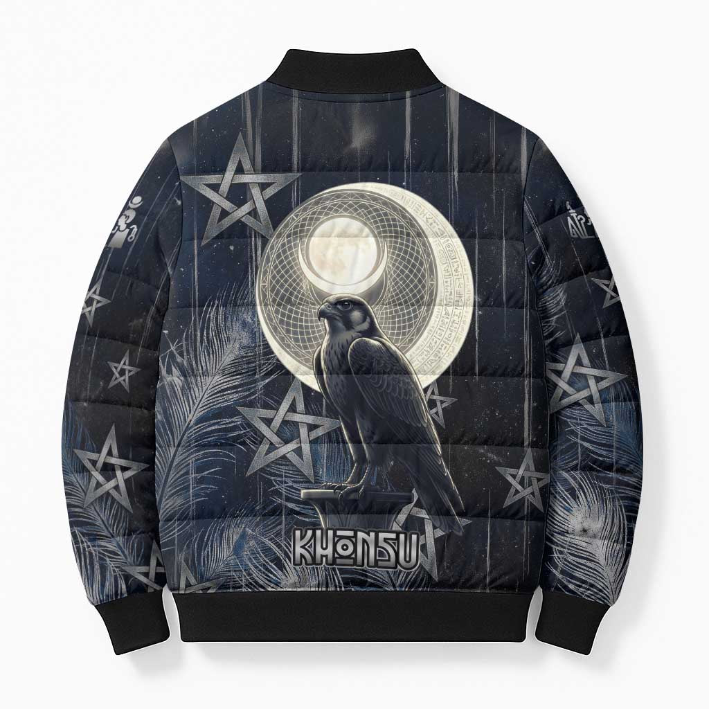 Khonsu Bomber Puffer Jacket Ancient Egyptian Dark Feather Pattern, Moonlit Raven Symbol, and Eye Lotus - African Pride