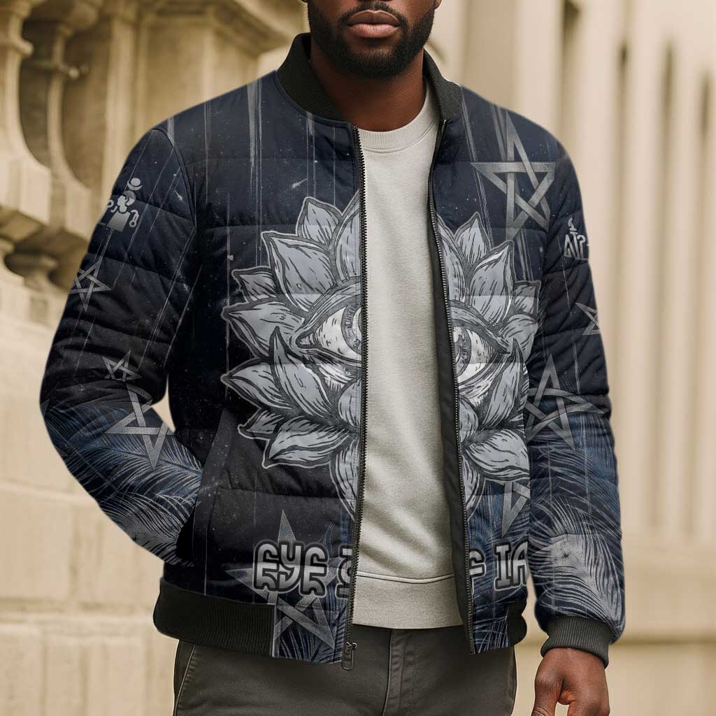Khonsu Bomber Puffer Jacket Ancient Egyptian Dark Feather Pattern, Moonlit Raven Symbol, and Eye Lotus - African Pride