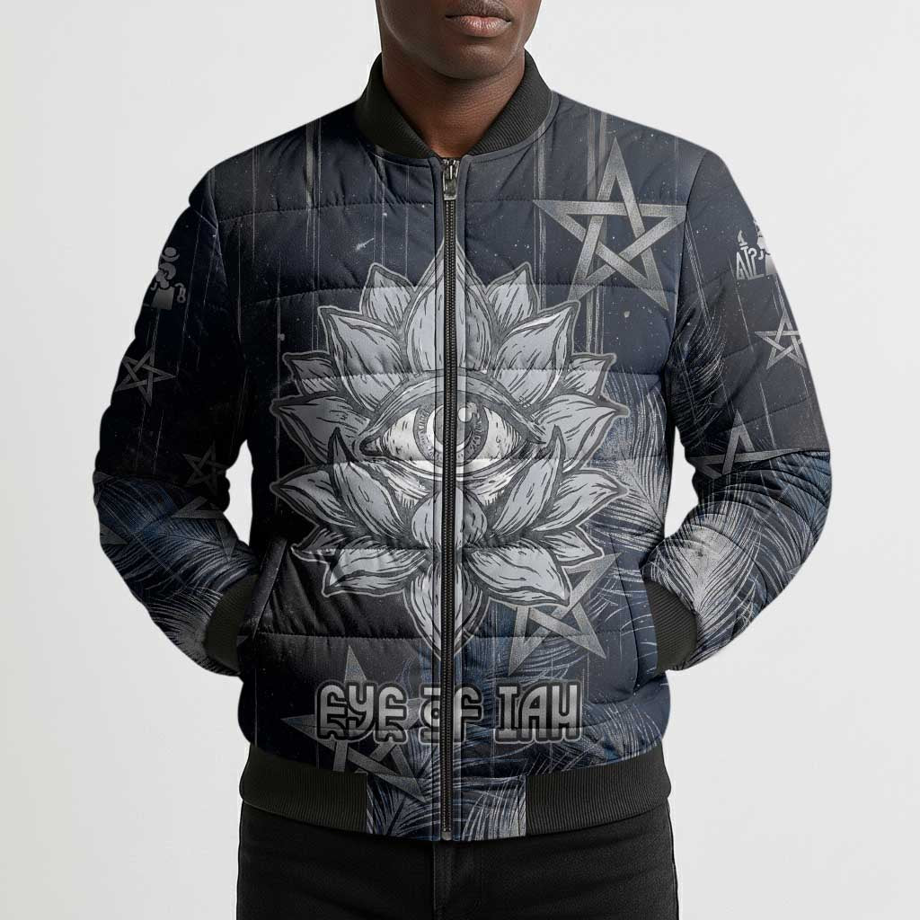 Khonsu Bomber Puffer Jacket Ancient Egyptian Dark Feather Pattern, Moonlit Raven Symbol, and Eye Lotus - African Pride