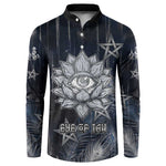 Khonsu Button Sweatshirt Ancient Egyptian Dark Feather Pattern, Moonlit Raven Symbol, and Eye Lotus