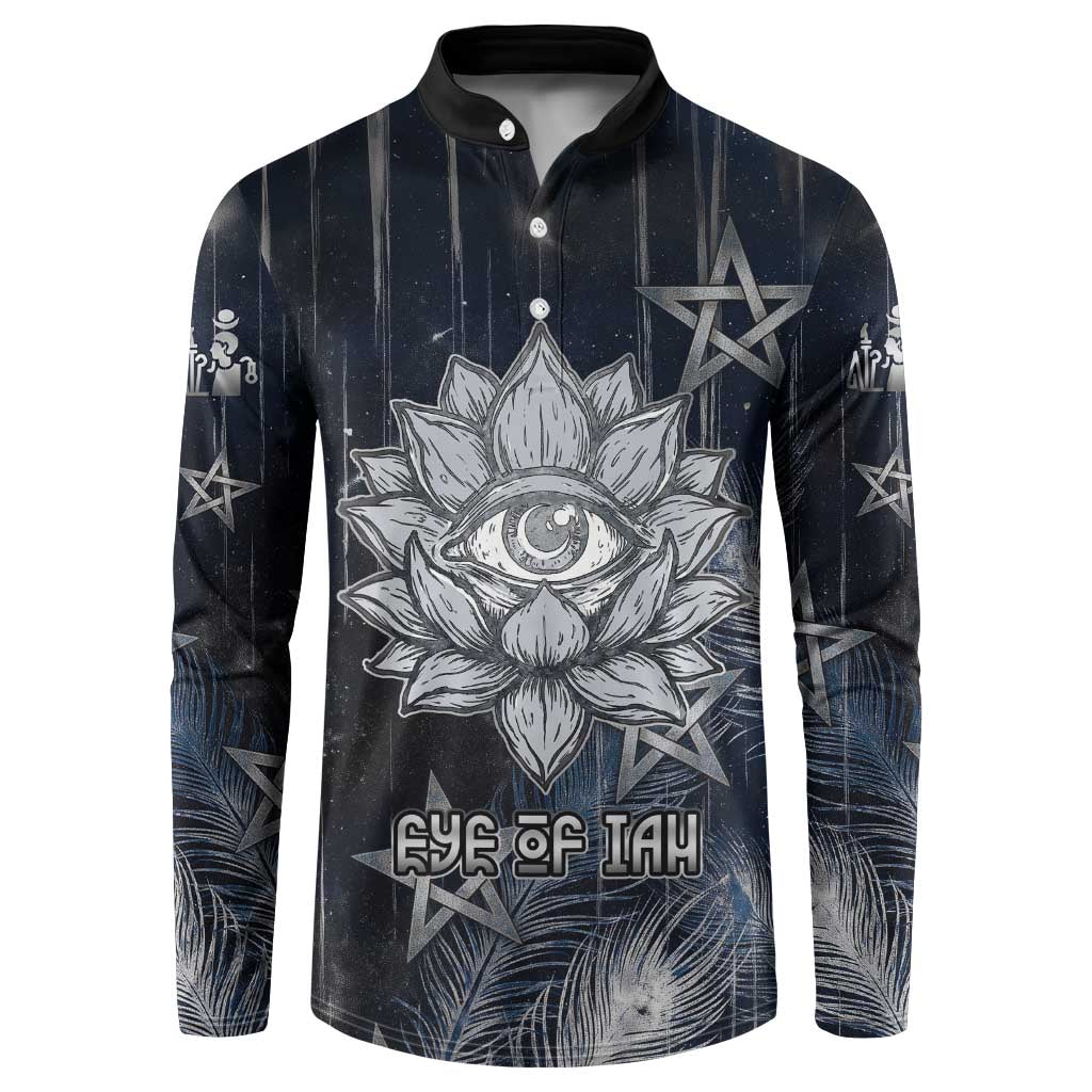 Khonsu Button Sweatshirt Ancient Egyptian Dark Feather Pattern, Moonlit Raven Symbol, and Eye Lotus