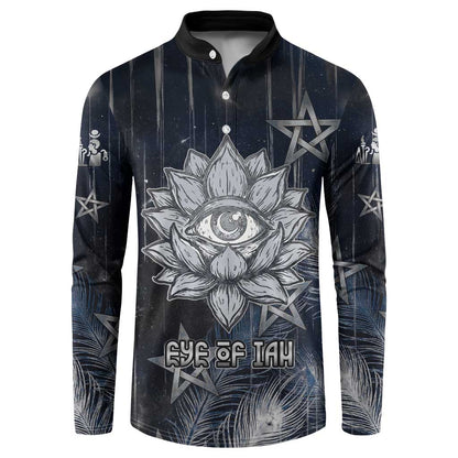 Khonsu Button Sweatshirt Ancient Egyptian Dark Feather Pattern, Moonlit Raven Symbol, and Eye Lotus