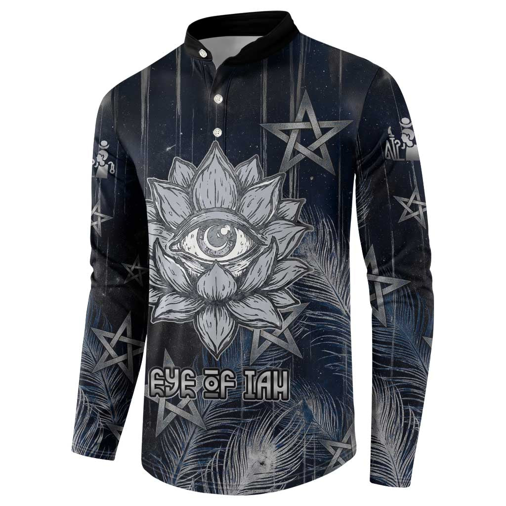 Khonsu Button Sweatshirt Ancient Egyptian Dark Feather Pattern, Moonlit Raven Symbol, and Eye Lotus