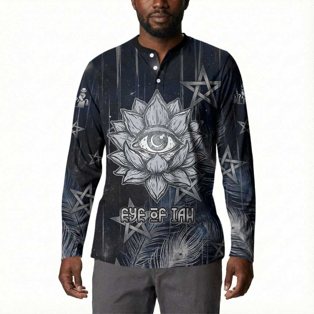 Khonsu Button Sweatshirt Ancient Egyptian Dark Feather Pattern, Moonlit Raven Symbol, and Eye Lotus