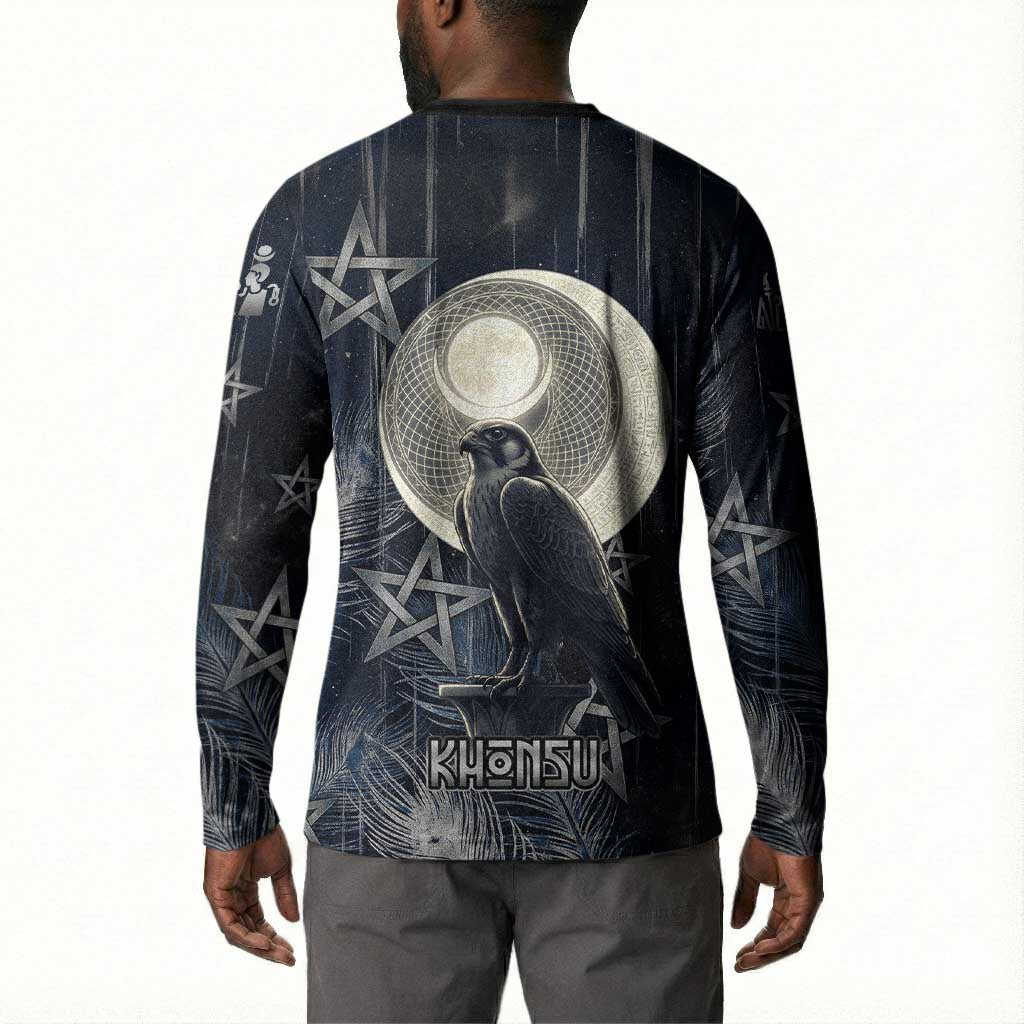 Khonsu Button Sweatshirt Ancient Egyptian Dark Feather Pattern, Moonlit Raven Symbol, and Eye Lotus