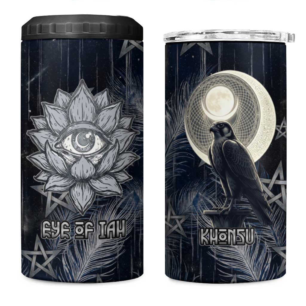 Khonsu 4 in 1 Can Cooler Tumbler Ancient Egyptian Dark Feather Pattern, Moonlit Raven Symbol, and Eye Lotus - African Pride