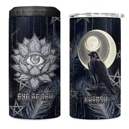Khonsu 4 in 1 Can Cooler Tumbler Ancient Egyptian Dark Feather Pattern, Moonlit Raven Symbol, and Eye Lotus - African Pride