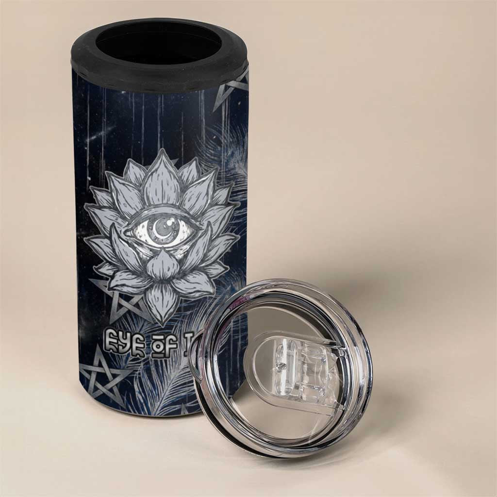 Khonsu 4 in 1 Can Cooler Tumbler Ancient Egyptian Dark Feather Pattern, Moonlit Raven Symbol, and Eye Lotus - African Pride