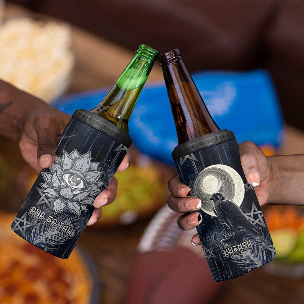 Khonsu 4 in 1 Can Cooler Tumbler Ancient Egyptian Dark Feather Pattern, Moonlit Raven Symbol, and Eye Lotus - African Pride