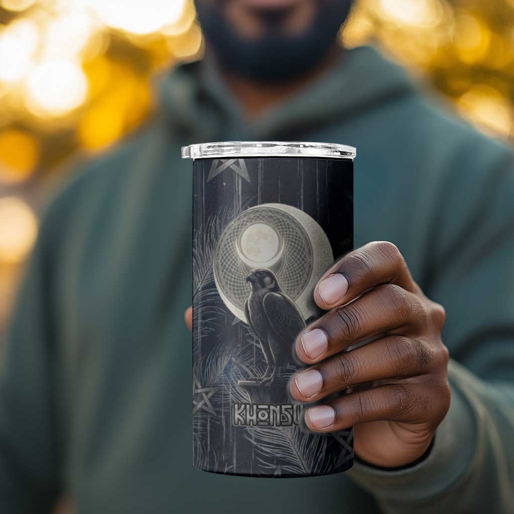 Khonsu 4 in 1 Can Cooler Tumbler Ancient Egyptian Dark Feather Pattern, Moonlit Raven Symbol, and Eye Lotus - African Pride