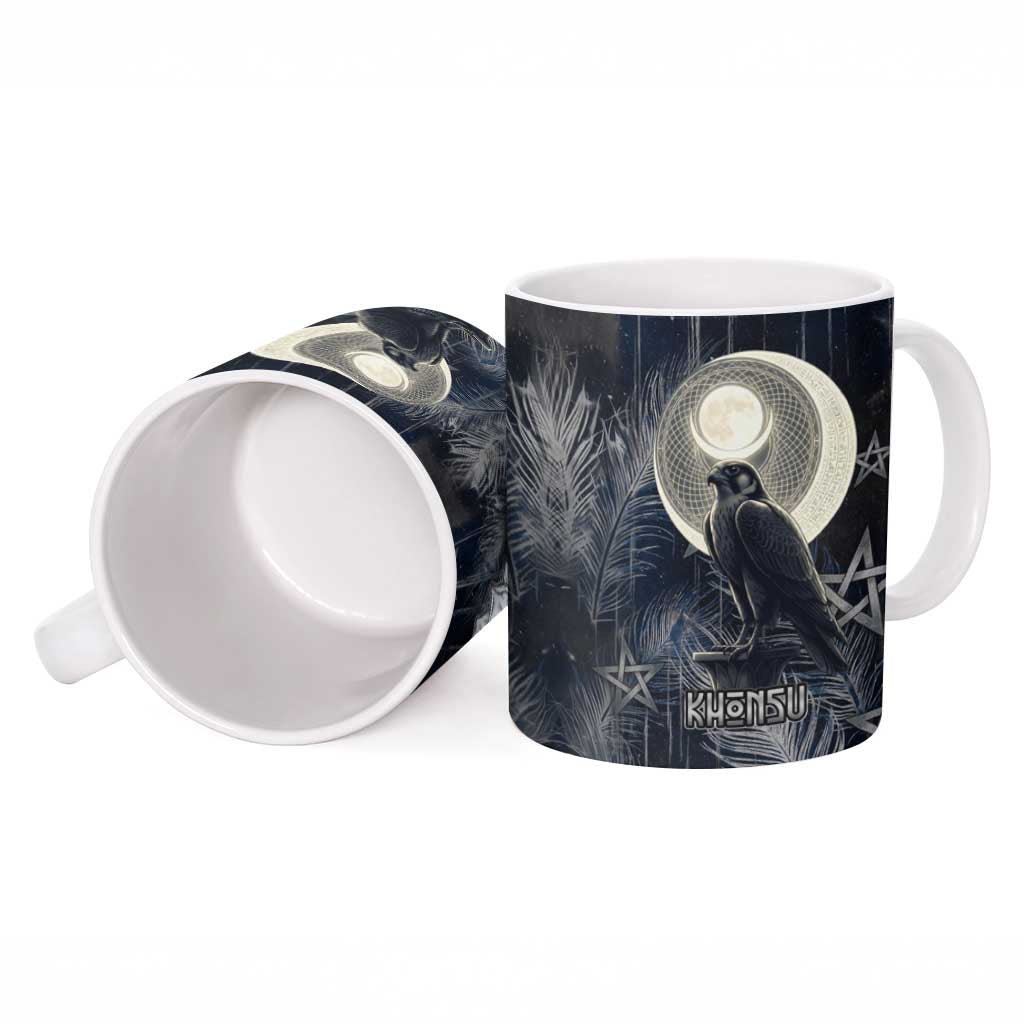Khonsu Ceramic Mug Ancient Egyptian Dark Feather Pattern, Moonlit Raven Symbol, and Eye Lotus - African Pride