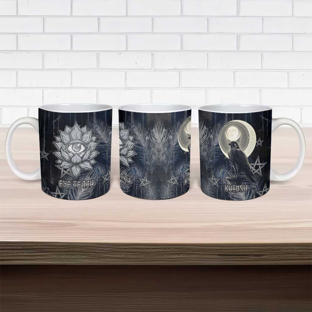 Khonsu Ceramic Mug Ancient Egyptian Dark Feather Pattern, Moonlit Raven Symbol, and Eye Lotus - African Pride