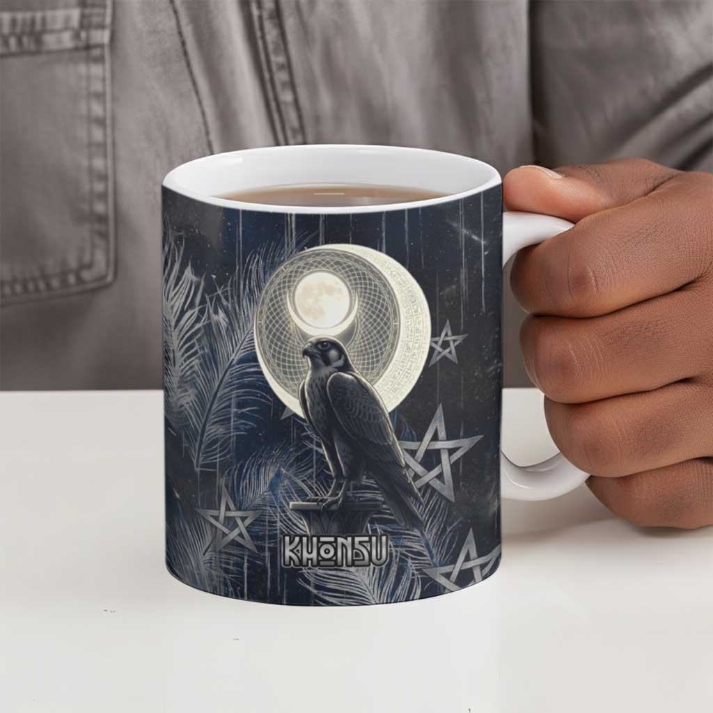 Khonsu Ceramic Mug Ancient Egyptian Dark Feather Pattern, Moonlit Raven Symbol, and Eye Lotus - African Pride