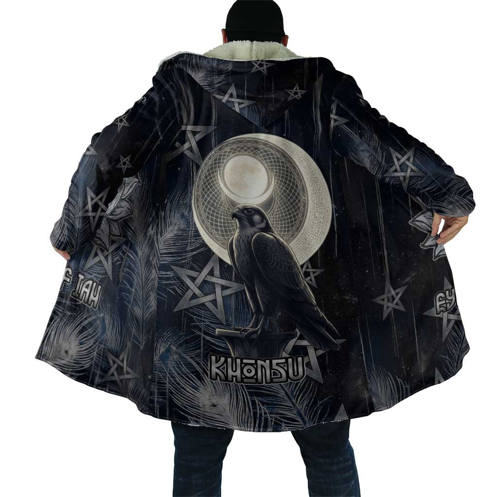 Khonsu Cloak Ancient Egyptian Dark Feather Pattern, Moonlit Raven Symbol, and Eye Lotus - African Pride