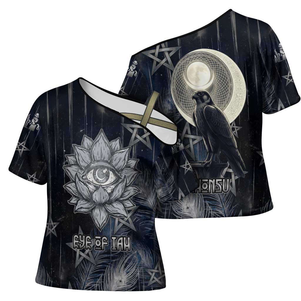 Khonsu Cross Shoulder Shirt Ancient Egyptian Dark Feather Pattern, Moonlit Raven Symbol, and Eye Lotus - African Pride