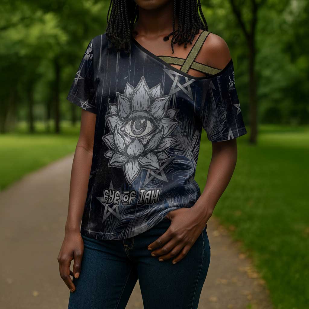 Khonsu Cross Shoulder Shirt Ancient Egyptian Dark Feather Pattern, Moonlit Raven Symbol, and Eye Lotus - African Pride