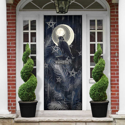 Khonsu Door Cover Ancient Egyptian Dark Feather Pattern, Moonlit Raven Symbol, and Eye Lotus - African Pride