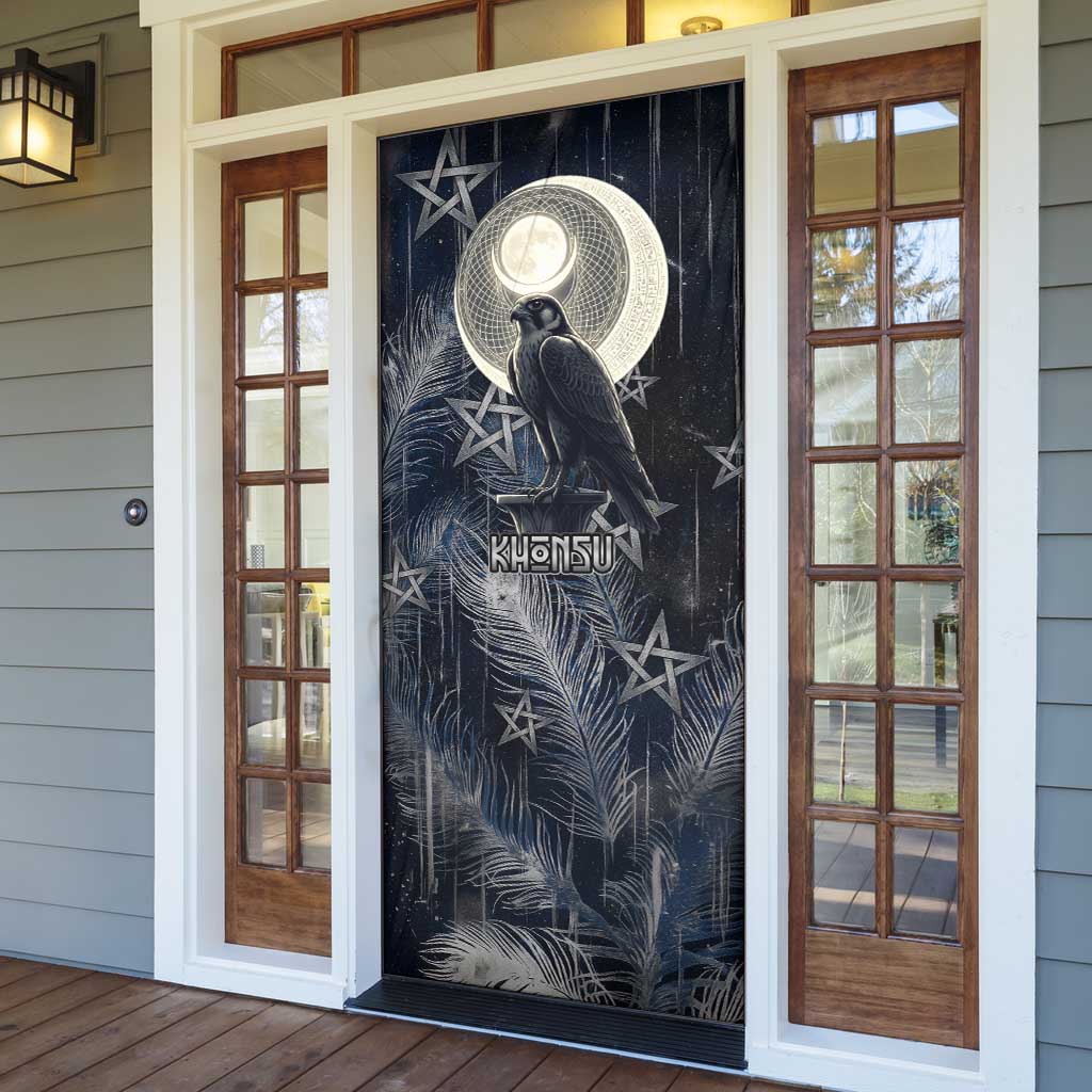 Khonsu Door Cover Ancient Egyptian Dark Feather Pattern, Moonlit Raven Symbol, and Eye Lotus - African Pride