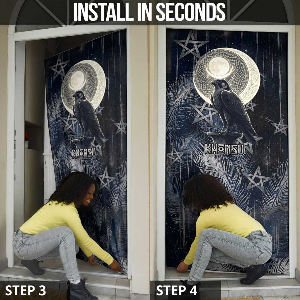 Khonsu Door Cover Ancient Egyptian Dark Feather Pattern, Moonlit Raven Symbol, and Eye Lotus - African Pride