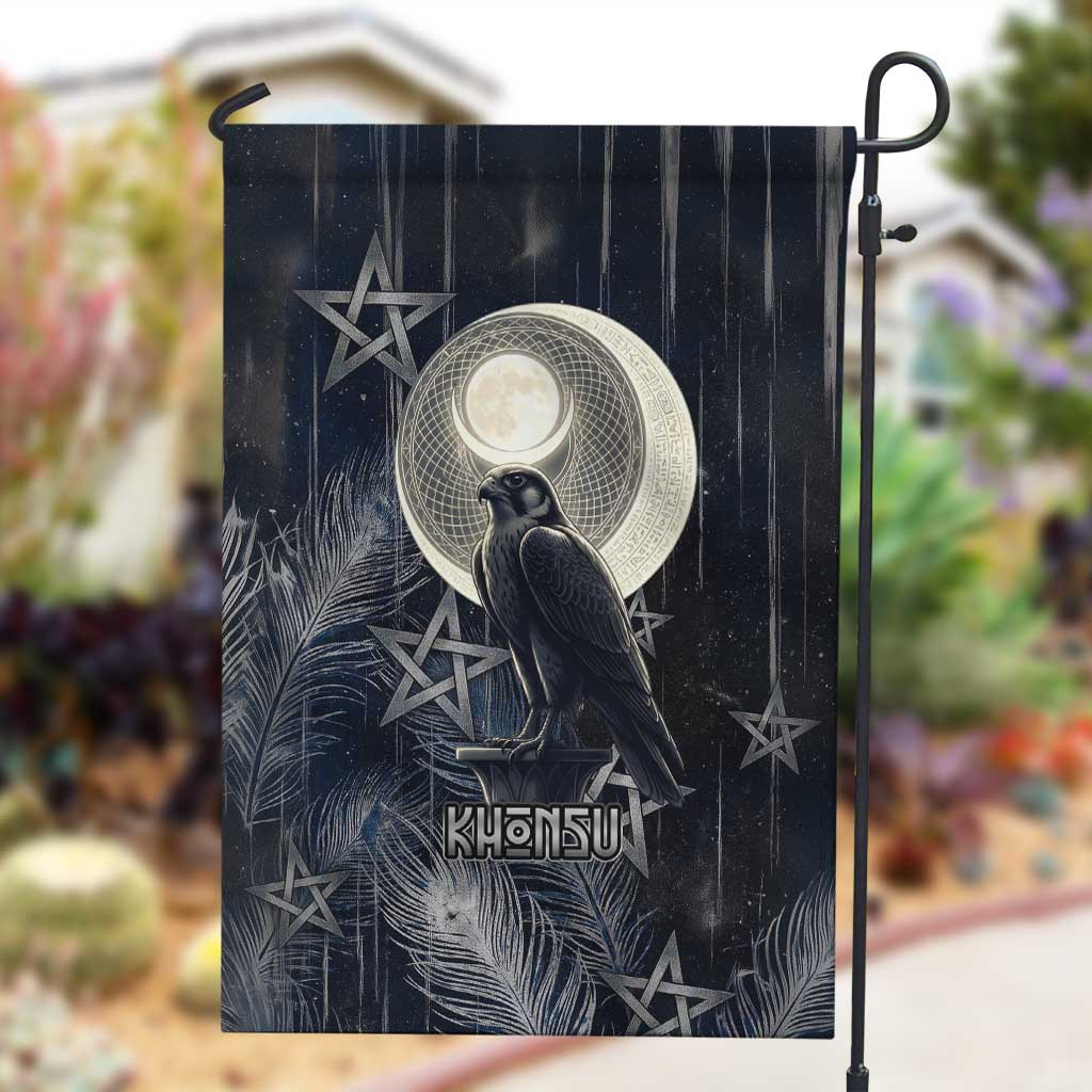 Khonsu Garden Flag Ancient Egyptian Dark Feather Pattern, Moonlit Raven Symbol, and Eye Lotus - African Pride