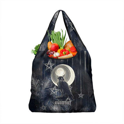 Khonsu Grocery Bag Ancient Egyptian Dark Feather Pattern, Moonlit Raven Symbol, and Eye Lotus - African Pride