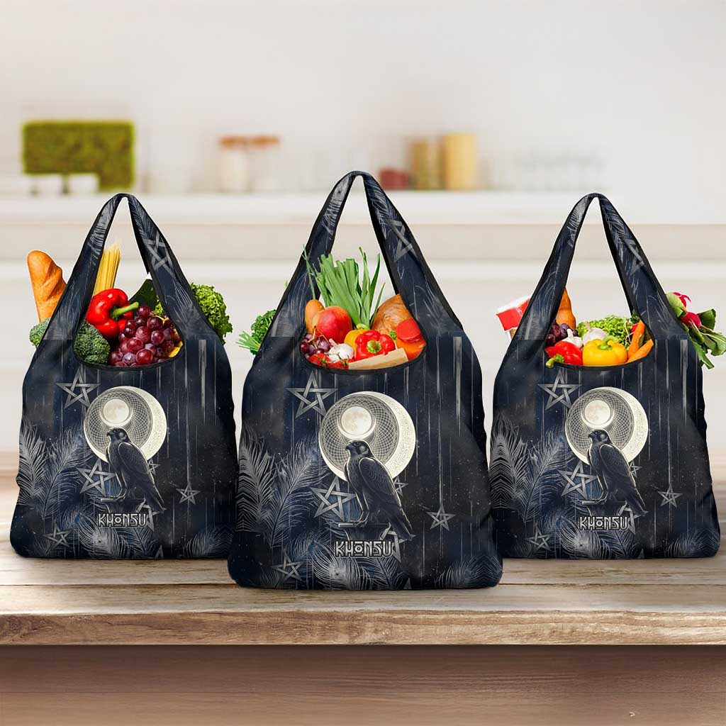 Khonsu Grocery Bag Ancient Egyptian Dark Feather Pattern, Moonlit Raven Symbol, and Eye Lotus - African Pride