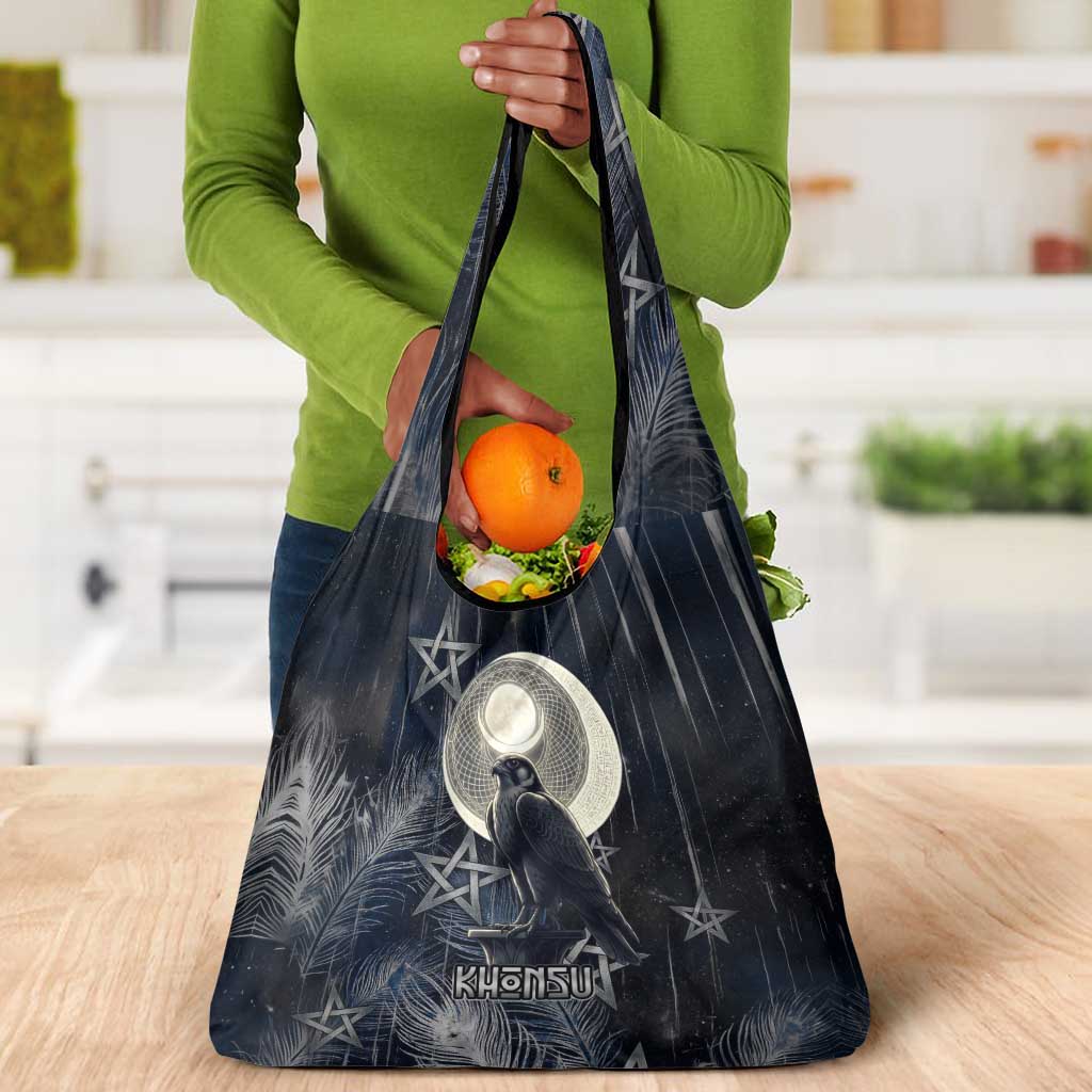 Khonsu Grocery Bag Ancient Egyptian Dark Feather Pattern, Moonlit Raven Symbol, and Eye Lotus - African Pride