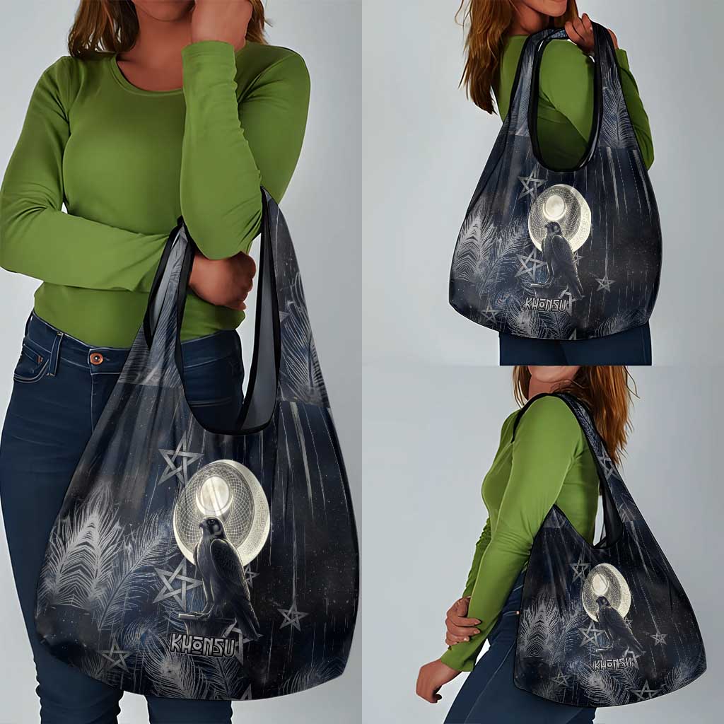 Khonsu Grocery Bag Ancient Egyptian Dark Feather Pattern, Moonlit Raven Symbol, and Eye Lotus - African Pride