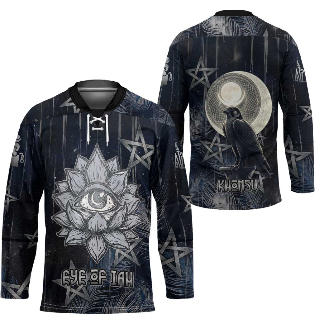 Khonsu Hockey Jersey Ancient Egyptian Dark Feather Pattern, Moonlit Raven Symbol, and Eye Lotus - African Pride