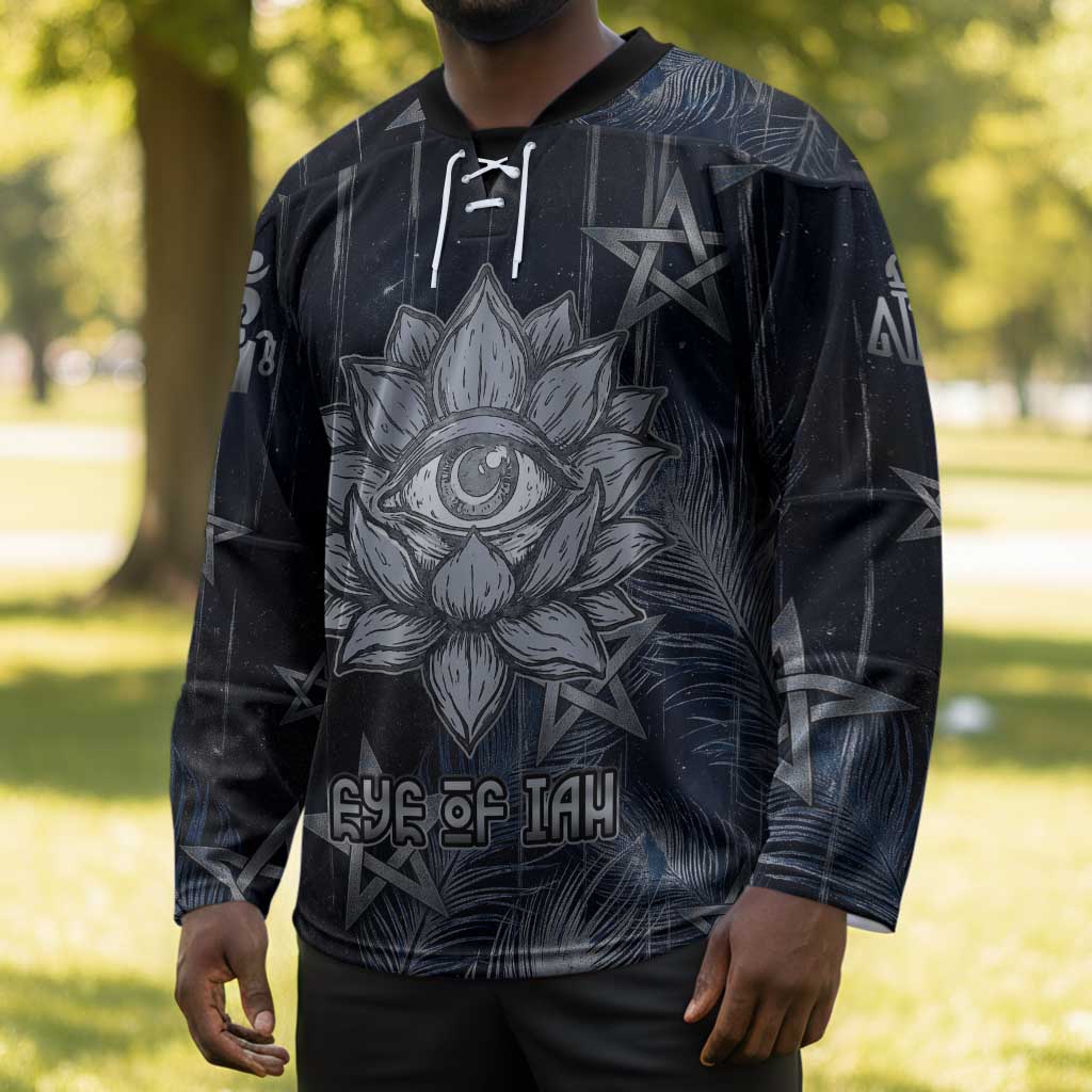 Khonsu Hockey Jersey Ancient Egyptian Dark Feather Pattern, Moonlit Raven Symbol, and Eye Lotus - African Pride