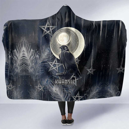 Khonsu Hooded Blanket Ancient Egyptian Dark Feather Pattern, Moonlit Raven Symbol, and Eye Lotus - African Pride