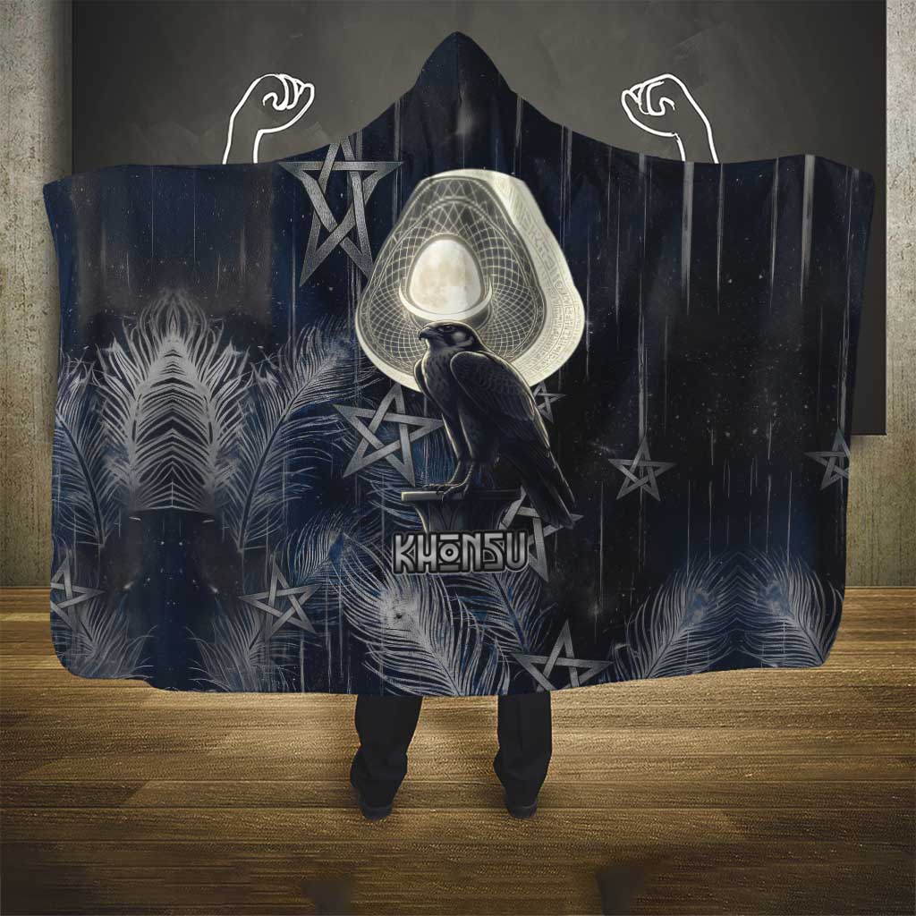 Khonsu Hooded Blanket Ancient Egyptian Dark Feather Pattern, Moonlit Raven Symbol, and Eye Lotus - African Pride