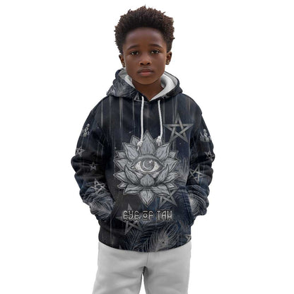 Khonsu Kid Hoodie Ancient Egyptian Dark Feather Pattern, Moonlit Raven Symbol, and Eye Lotus - African Pride