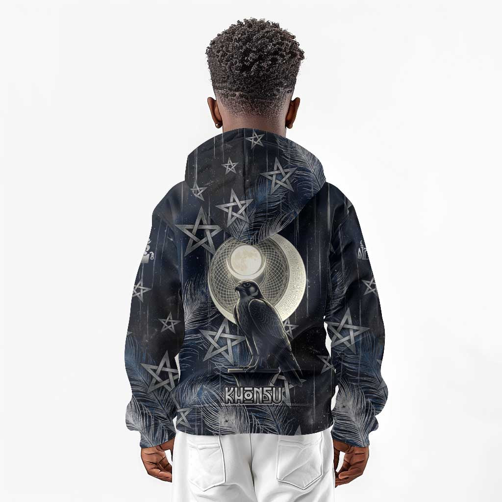 Khonsu Kid Hoodie Ancient Egyptian Dark Feather Pattern, Moonlit Raven Symbol, and Eye Lotus - African Pride