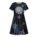 Khonsu Kid Short Sleeve Dress Ancient Egyptian Dark Feather Pattern, Moonlit Raven Symbol, and Eye Lotus - African Pride