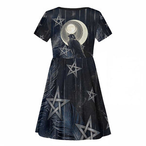 Khonsu Kid Short Sleeve Dress Ancient Egyptian Dark Feather Pattern, Moonlit Raven Symbol, and Eye Lotus - African Pride