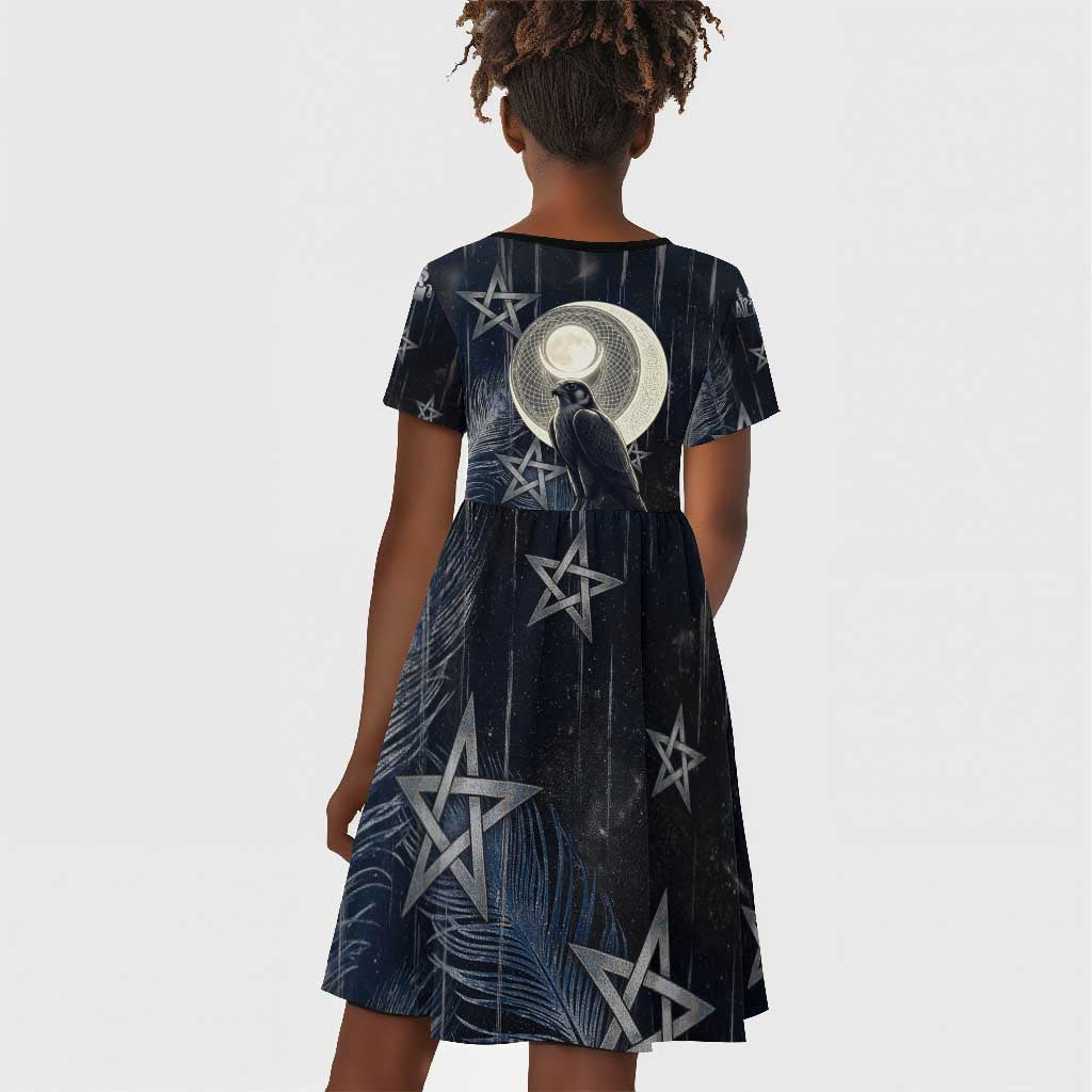 Khonsu Kid Short Sleeve Dress Ancient Egyptian Dark Feather Pattern, Moonlit Raven Symbol, and Eye Lotus - African Pride