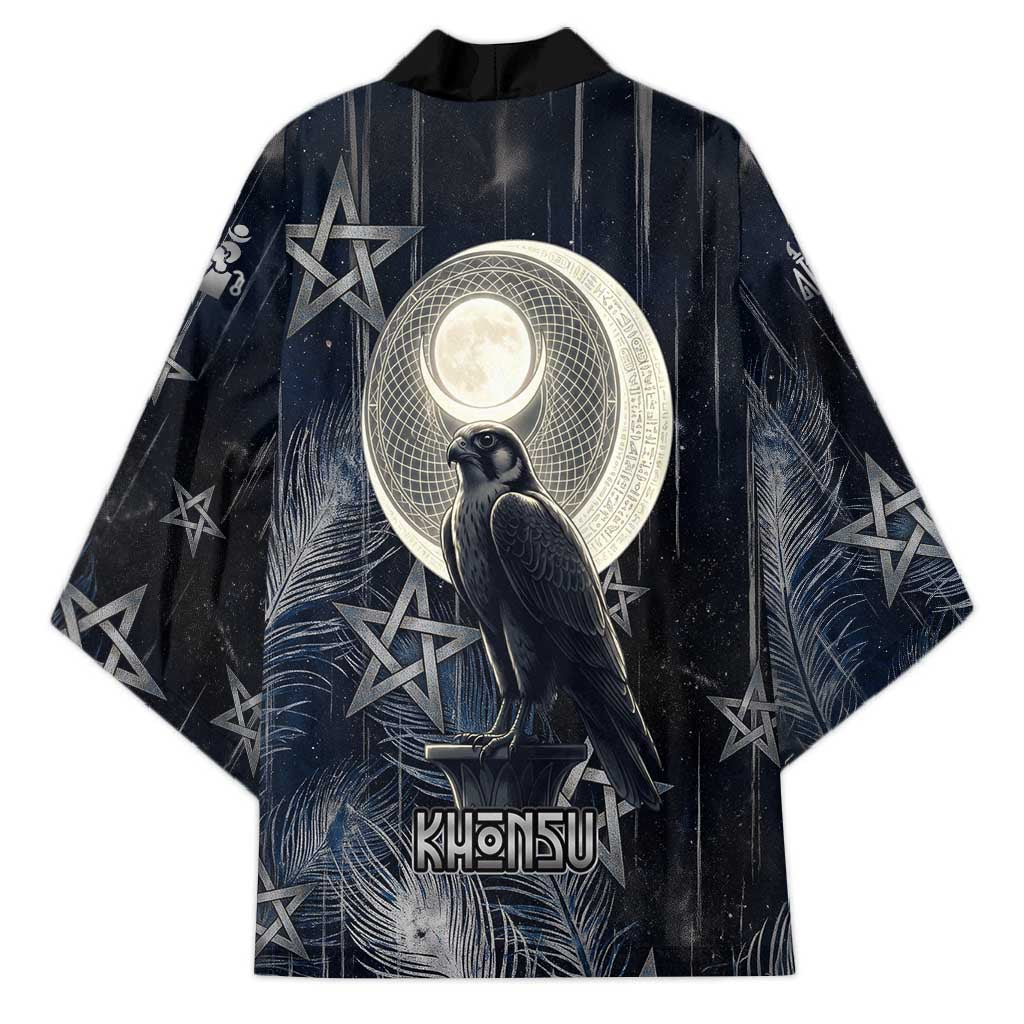 Khonsu Kimono Ancient Egyptian Dark Feather Pattern, Moonlit Raven Symbol, and Eye Lotus - African Pride