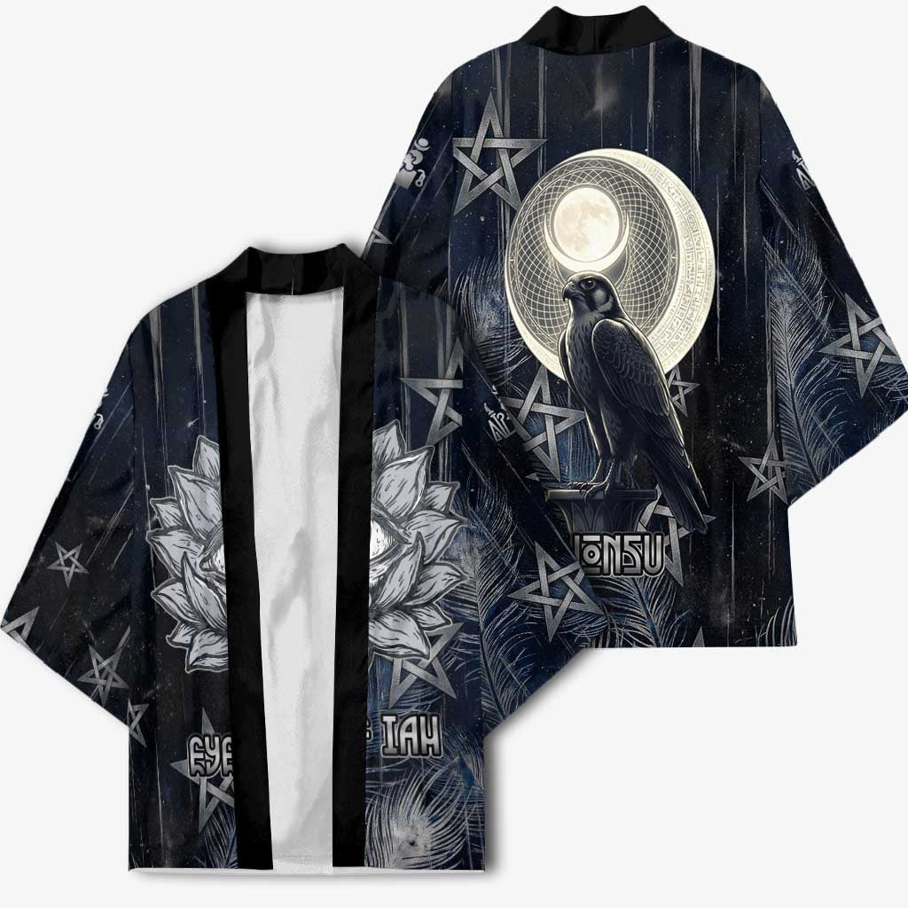 Khonsu Kimono Ancient Egyptian Dark Feather Pattern, Moonlit Raven Symbol, and Eye Lotus - African Pride