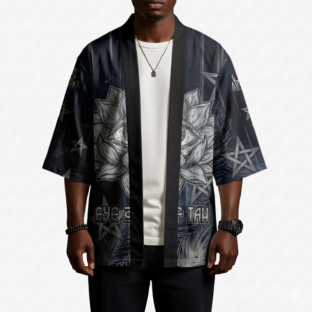 Khonsu Kimono Ancient Egyptian Dark Feather Pattern, Moonlit Raven Symbol, and Eye Lotus - African Pride