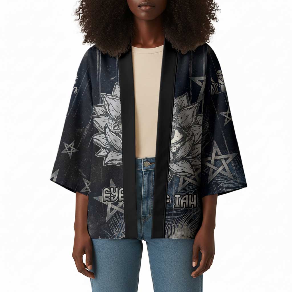 Khonsu Kimono Ancient Egyptian Dark Feather Pattern, Moonlit Raven Symbol, and Eye Lotus - African Pride