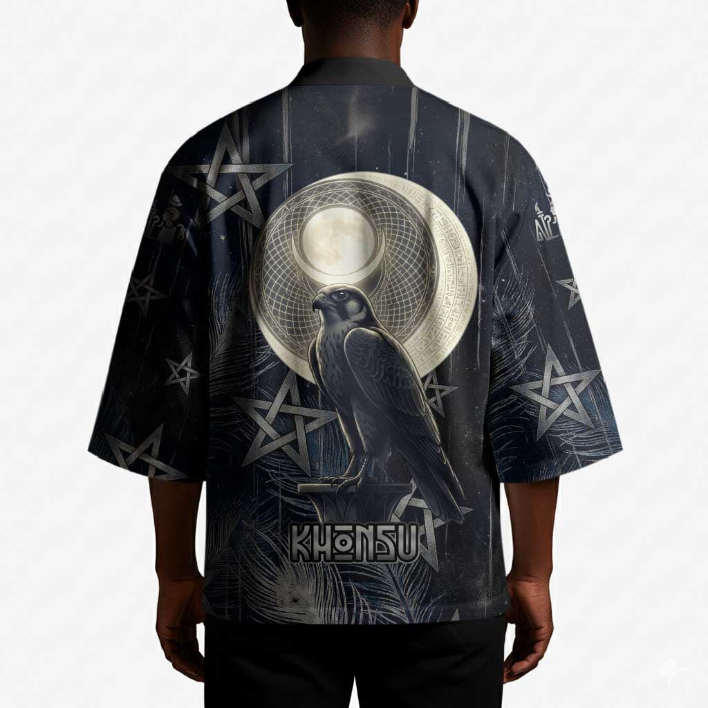 Khonsu Kimono Ancient Egyptian Dark Feather Pattern, Moonlit Raven Symbol, and Eye Lotus - African Pride