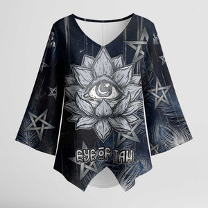 Khonsu Kimono Sleeve Blouse Ancient Egyptian Dark Feather Pattern, Moonlit Raven Symbol, and Eye Lotus - African Pride