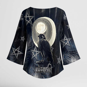 Khonsu Kimono Sleeve Blouse Ancient Egyptian Dark Feather Pattern, Moonlit Raven Symbol, and Eye Lotus - African Pride