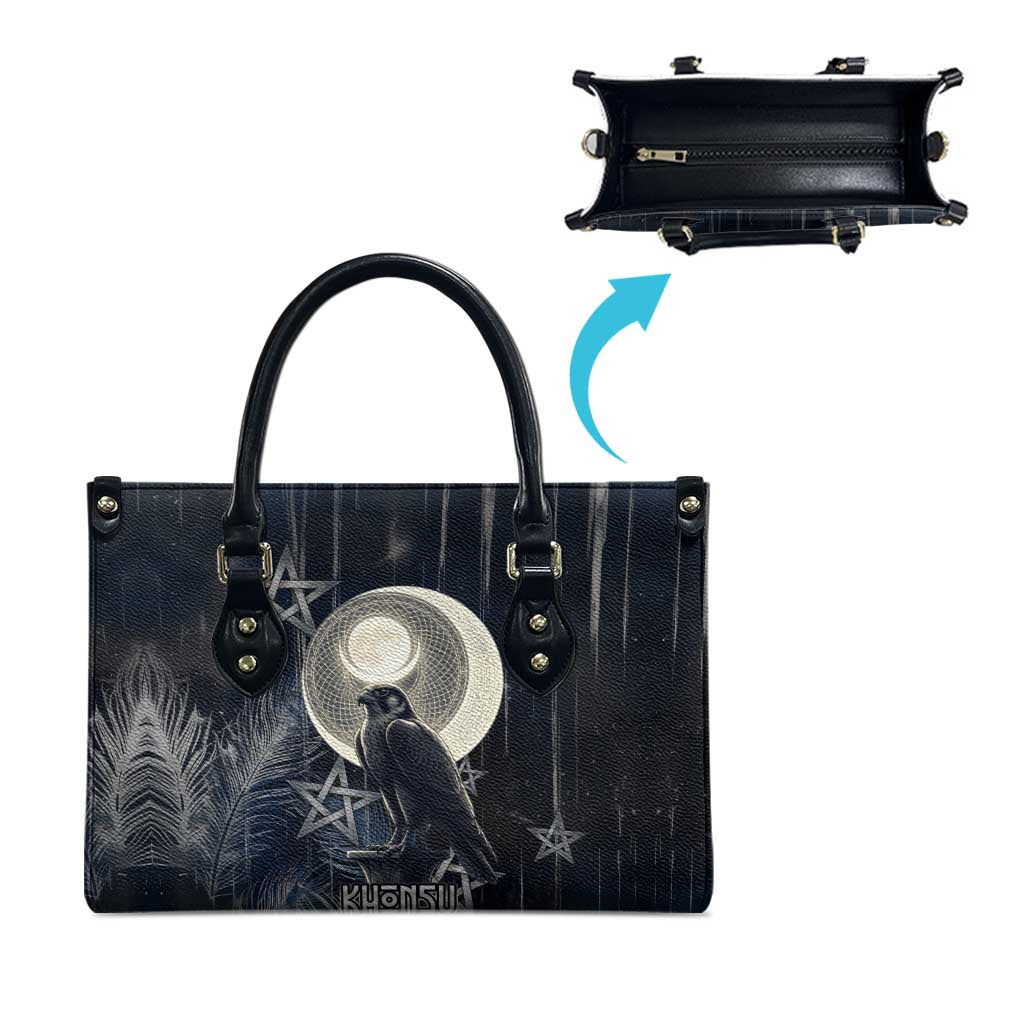 Khonsu Leather Bag Ancient Egyptian Dark Feather Pattern, Moonlit Raven Symbol, and Eye Lotus - African Pride