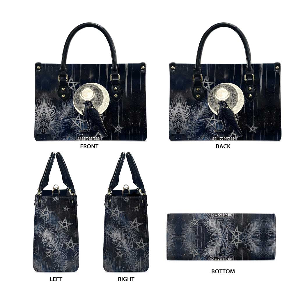Khonsu Leather Bag Ancient Egyptian Dark Feather Pattern, Moonlit Raven Symbol, and Eye Lotus - African Pride