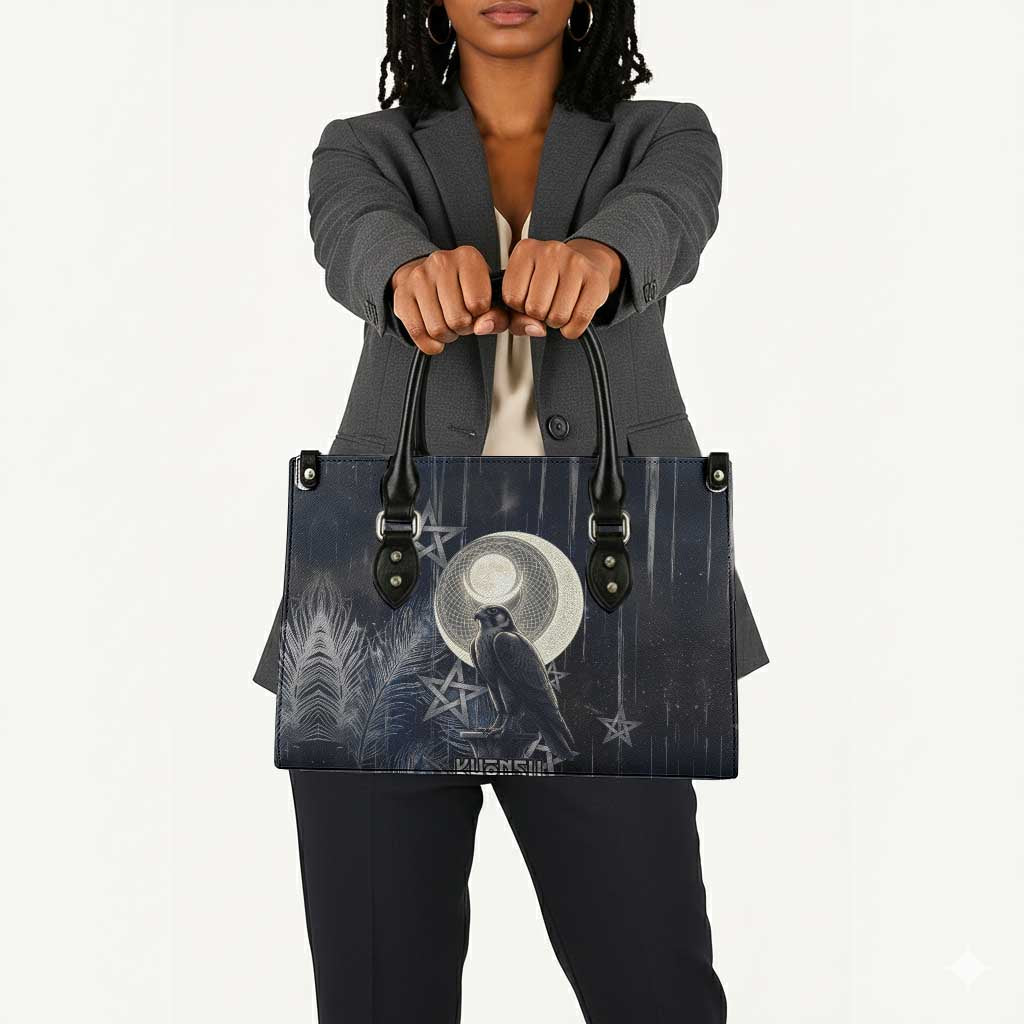 Khonsu Leather Bag Ancient Egyptian Dark Feather Pattern, Moonlit Raven Symbol, and Eye Lotus - African Pride