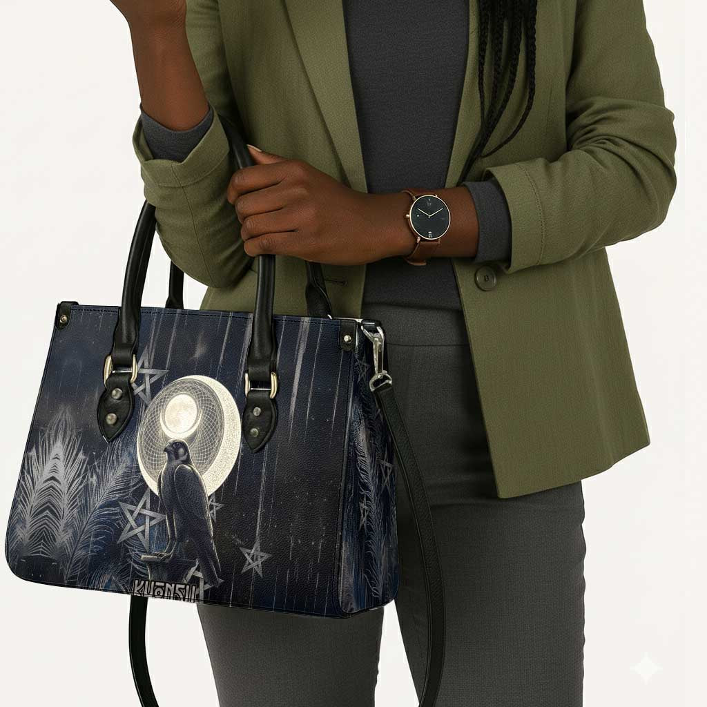 Khonsu Leather Bag Ancient Egyptian Dark Feather Pattern, Moonlit Raven Symbol, and Eye Lotus - African Pride