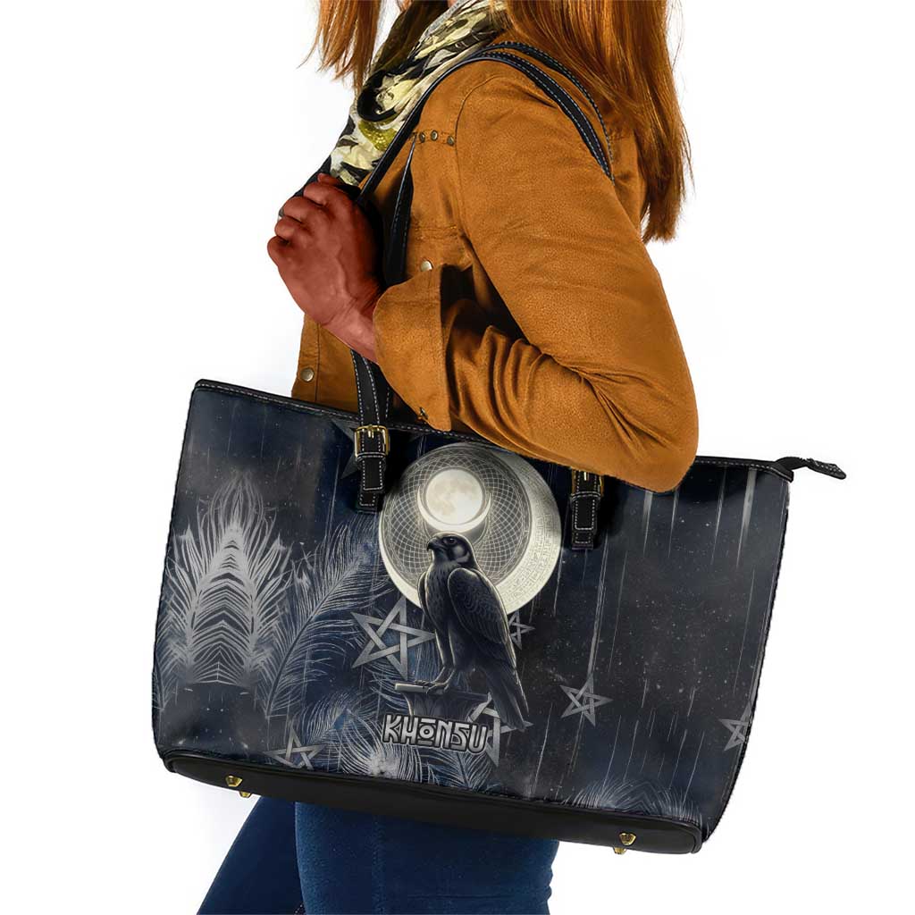 Khonsu Leather Tote Bag Ancient Egyptian Dark Feather Pattern, Moonlit Raven Symbol, and Eye Lotus - African Pride