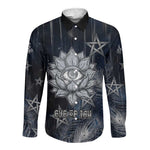 Khonsu Long Sleeve Button Shirt Ancient Egyptian Dark Feather Pattern, Moonlit Raven Symbol, and Eye Lotus - African Pride